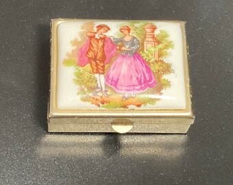 vintage porcelain and yellow metal, hand painted limoges , small leaded pill box