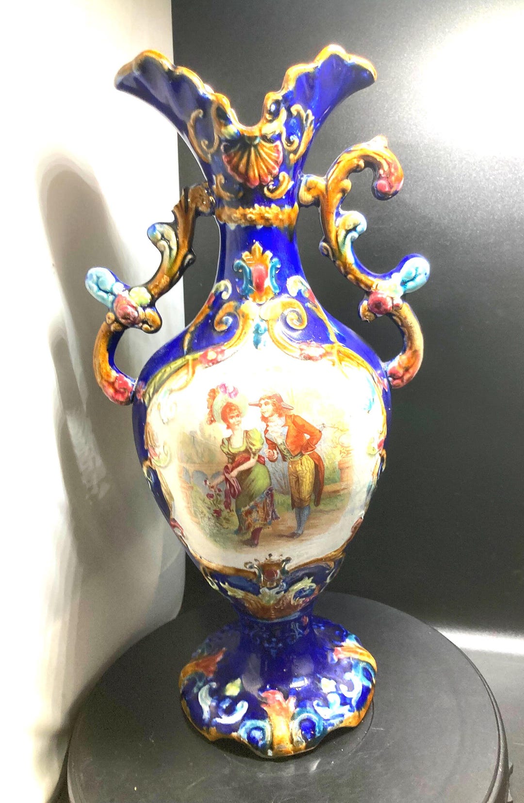 Continental Majolica Glazed Two Handled Vase/ Vintage / Antique
