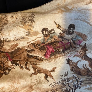 Vintage braun beige Pferde mit Warenkorb mit Menschen, Jäger mit Hund, die Wandteppich Wandbehang darstellen