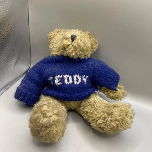 May include: A brown teddy bear wearing a blue knitted sweater with the word "Teddy" embroidered in white.