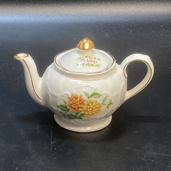 vintage, 19th century, retired small porcelain miniature Salder white tea pot  with lid, hand painted decoration,signed October , England