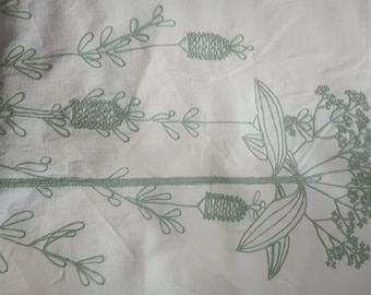 32 x 16 Fabric Beautiful Embroidered Cream With Green Hemmed Edges