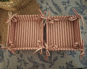 pottery barn square cloth baskets 7'' x 7'' x 2'' classic red stripe collectable farmhouse french