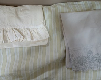 Simply Shabby Chic Pillowcase Sham Lot Cotton 1 ruffle cream, two green stripe euro shams, two gray king pillowcases
