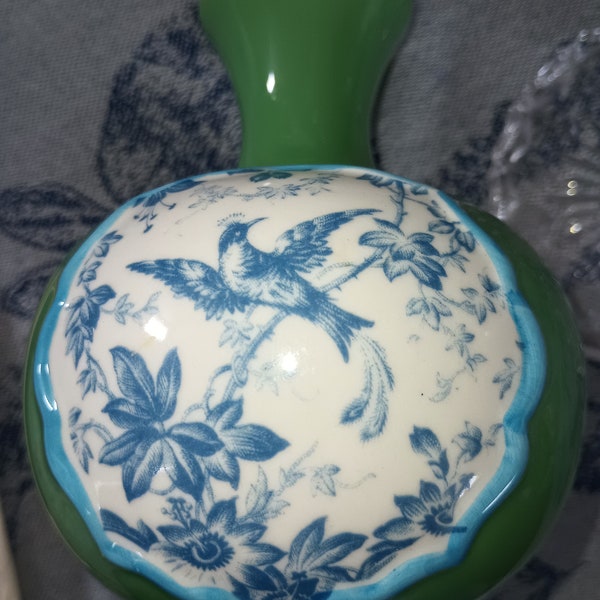 ANTHROPOLOGIE French Vase 6'' Kelly Green Blue and White Bird Collectable Flower Vase Bud Vase