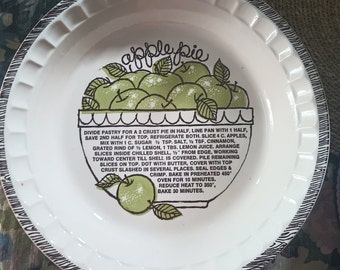 Apple Pie Dish Plate 11'' w/ Recipe Made in USA Ceramic Green Apples