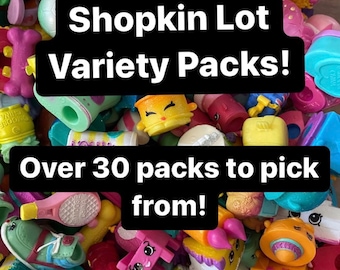 May include: A large collection of colorful miniature plastic Shopkin figures in various shapes and sizes, including food items and household objects with printed faces. The image features the text Shopkin Lot Variety Packs! Over 30 packs to pick from!