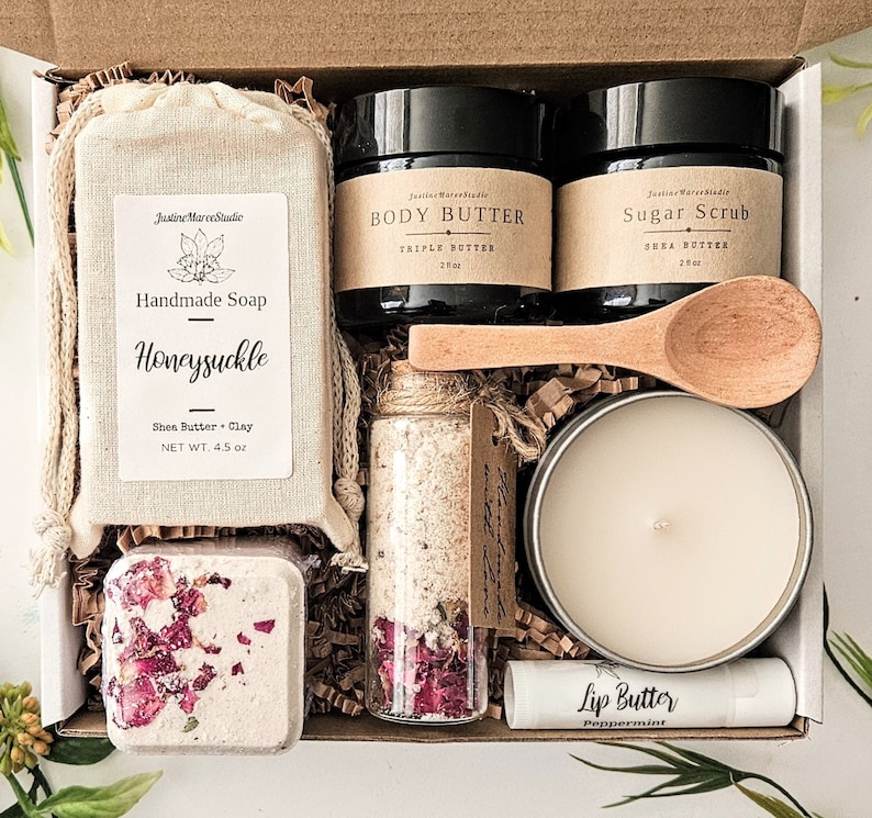 A spa gift box with eight products inside
