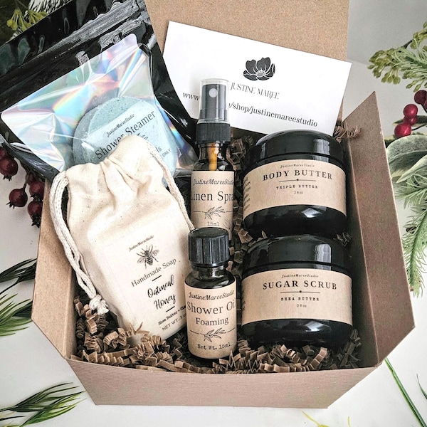 Natural Shower Spa Gift Box | Gift for Her | Gift for Him l Self Care | Aromatherapy Essential Oils | Friend Birthday Gift | 6"x6"x4"