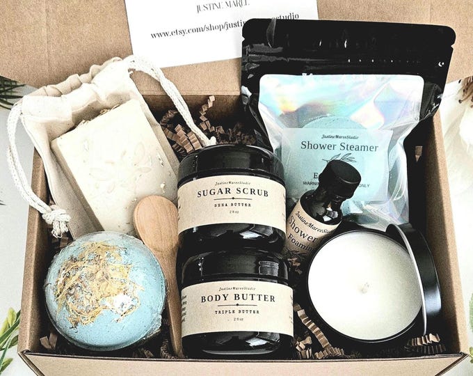 Spa Gift Box | Relaxation Stress Relief Self Care Pamper Gift Basket | Birthday Gift | Get Well Gift Shower Soap Sugar Scrub | 9"x6"x3" Box