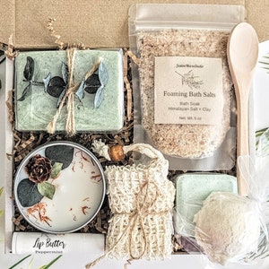 Handcrafted Spa Gift Box - Stress Relief Gift For Her | Self Care | Birthday | Shea + Cocoa Butter Clay Soap | Candle | Foaming Bath Salts