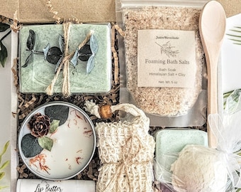 Handcrafted Spa Gift Box - Stress Relief Gift For Her | Self Care | Birthday | Shea + Cocoa Butter Clay Soap | Candle | Foaming Bath Salts