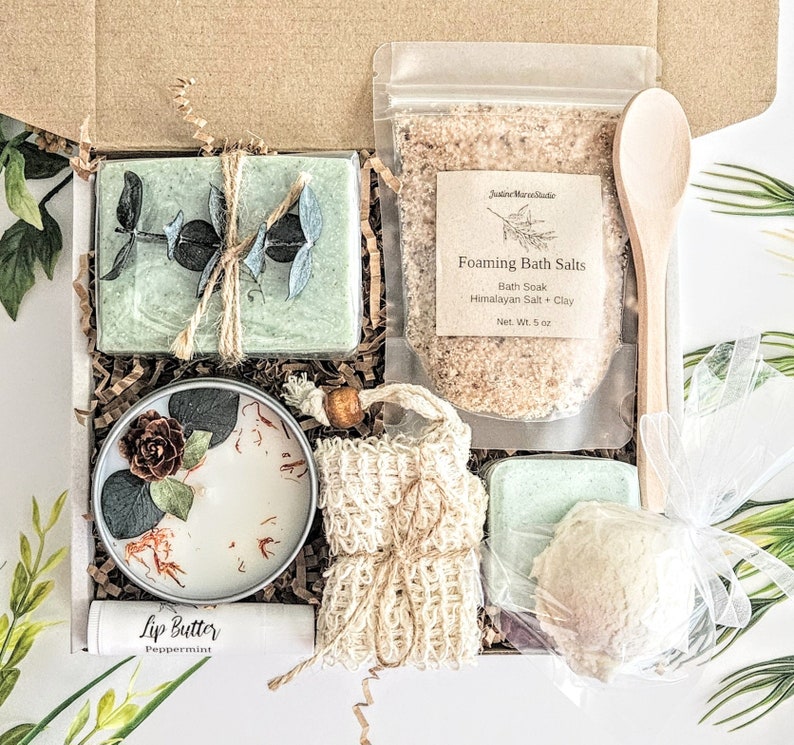 Handcrafted Spa Gift Box Stress Relief Gift For Her Self Care Birthday Shea Cocoa Butter Clay Soap Candle Foaming Bath Salts image 10