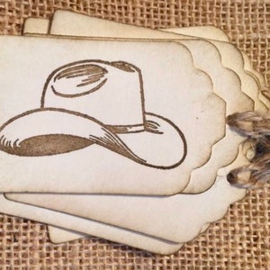Cowboy hat Handmade Vintage Hang Tags - (8) tag - Old fashioned  - Rustic - homemade  tags - Western Party rodeo ranch cabin decor