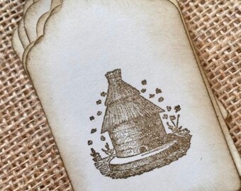 Bee Hive vintage Hang Tags - (8) Bee tags  - Honey Bee - Honey Bee Tag - Bee Tags - Rustic - Honey jar label tags - honey business products