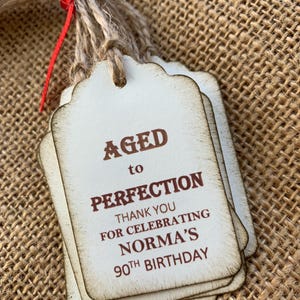 Custom Birthday Party favor tags (15) shot tags, Aged to Perfection, liquor bottle Favor Tags, vintage personalized tags, thank you, labels