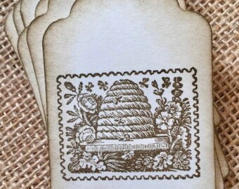 Bee Hive vintage Hang Tags - (8) Bee tags  - Honey Bee - Honey Bee Tag - Bee Tags - Rustic - Honey jar label tags - honey business products