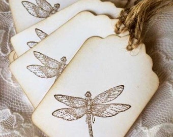Dragonfly vintage Hang Tags - (8) Dragon fly  - Holistic mystical Tag - Tags - Rustic - Wellness label tags - fairytale fairy