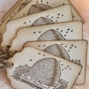 Bee Hive vintage Hang Tags - (8) Bee tags  - Honey Bee - Honey Bee Tag - Bee Tags - Rustic - Honey jar label tags - honey business products