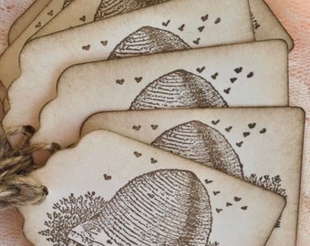 Bee Hive vintage Hang Tags - (8) Bee tags  - Honey Bee - Honey Bee Tag - Bee Tags - Rustic - Honey jar label tags - honey business products