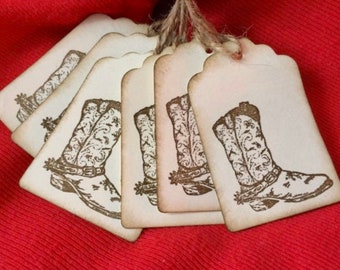 Cowboy boot Handmade Vintage Hang Tags - (8) tag - Old fashioned  - Rustic - homemade  tags - Western Party rodeo ranch cabin decor
