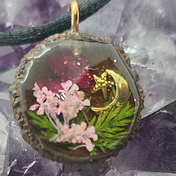 Real Acorn cap necklace-pendant-Resin filled acorn with real dried flowers moon and star charm, tiny forest jewelry-one of a kind miniature