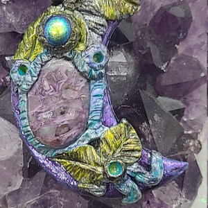 Moon pendant- real Charoite stone made from polymer clay, Forest jewelry, Lunar necklace, Boho, Witchy pendant, fairycore, Statement pendant