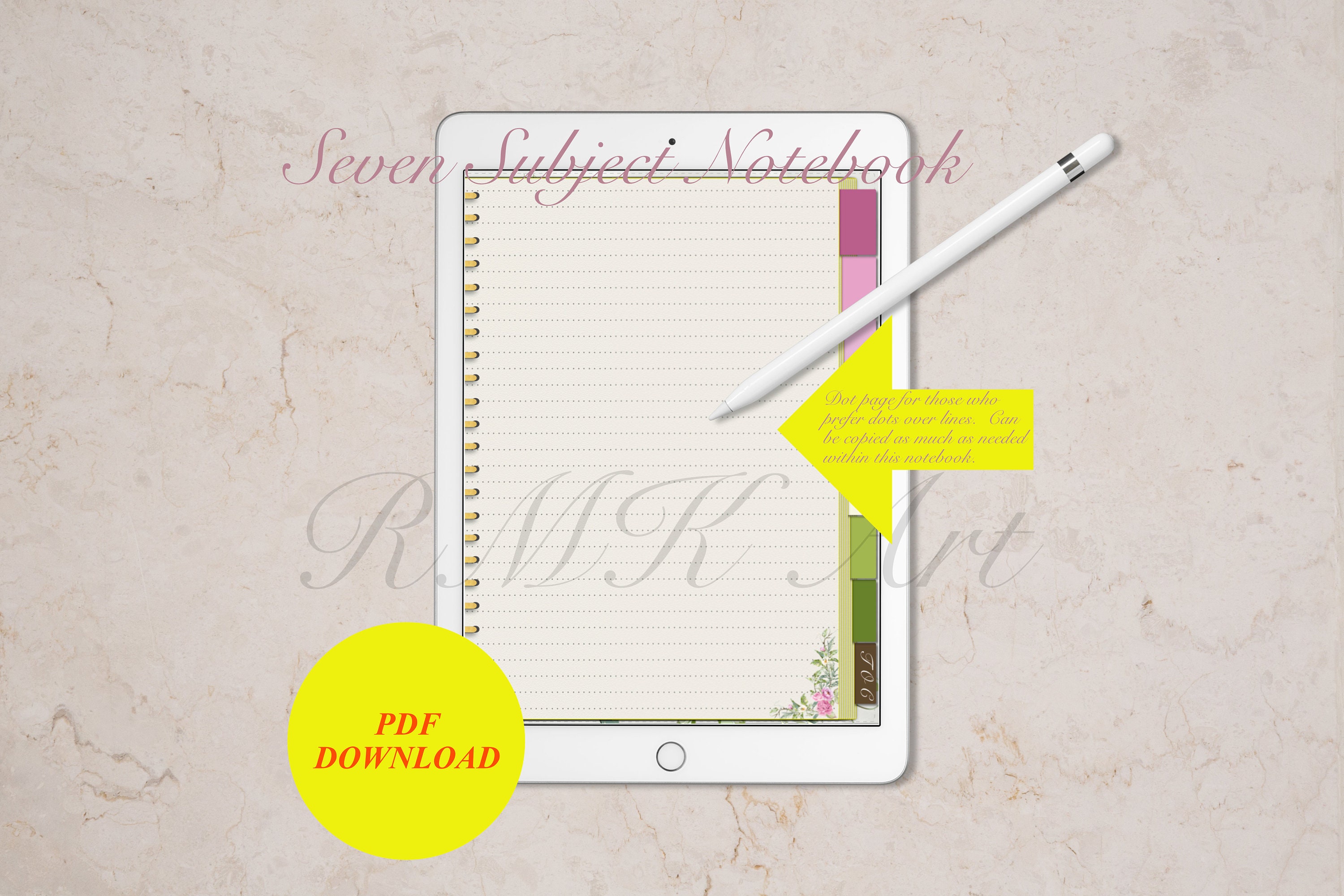 Digital Seven Subject Notebook 1 Page Layout Spiral Bound Use in