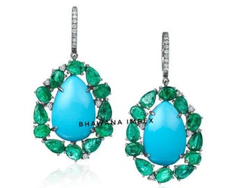 Pave Diamond, Turquoise & Emerald Earrings: 925 Sterling Silver Jewelry