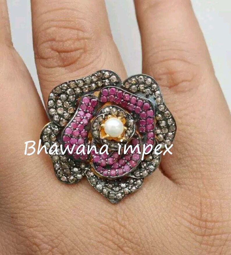 Ruby Ring Diamond Ring Natural Rose cut Pave Diamond Ruby Silver Victorian Ring Handmade Silver jewellery 925 Sterling Silver Ring jewellery