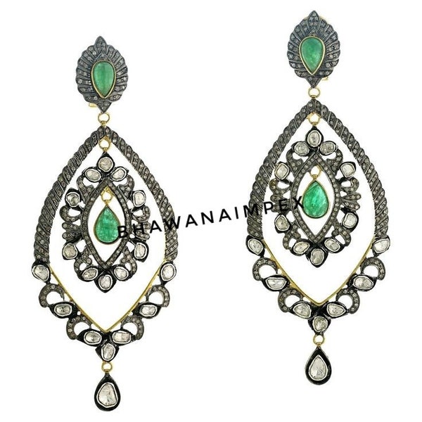 Natural Diamond Polki And Emerald Earrings Jewelry Victorian Stylish Jewelry Solid 925 Sterling Silver Wedding And Anniversary Gifts Jewelry