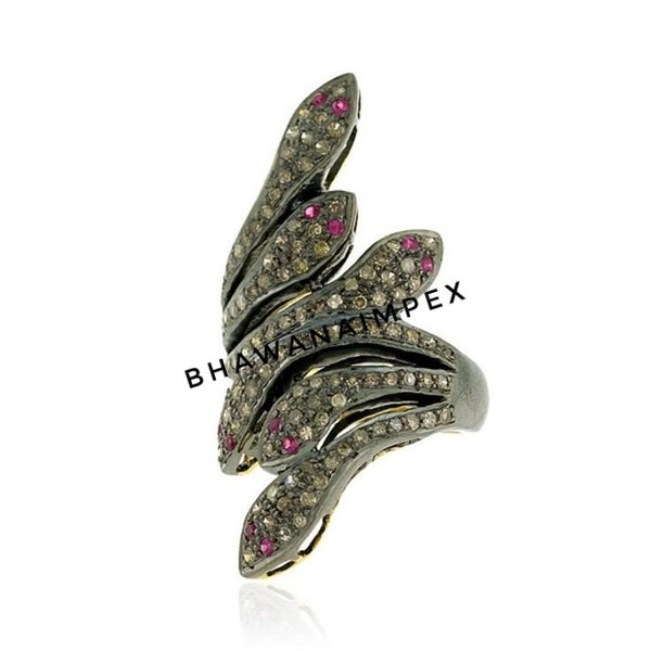 Natural Rose Cut Diamond Rings Jewelry Solid 925 Sterling Silver Jewelry Ruby Eyes Snake Shape Engagement Rings Jewelry Friendship Jewelry