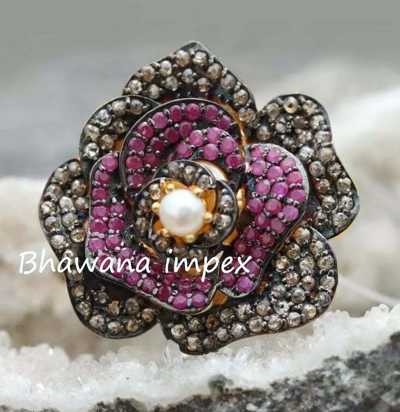 Ruby Ring Diamond Ring Natural Rose cut Pave Diamond Ruby Silver Victorian Ring Handmade Silver jewellery 925 Sterling Silver Ring jewellery