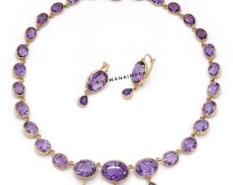 Amethyst Necklace and Earrings Set: Victorian 925 Sterling Silver Jewelry