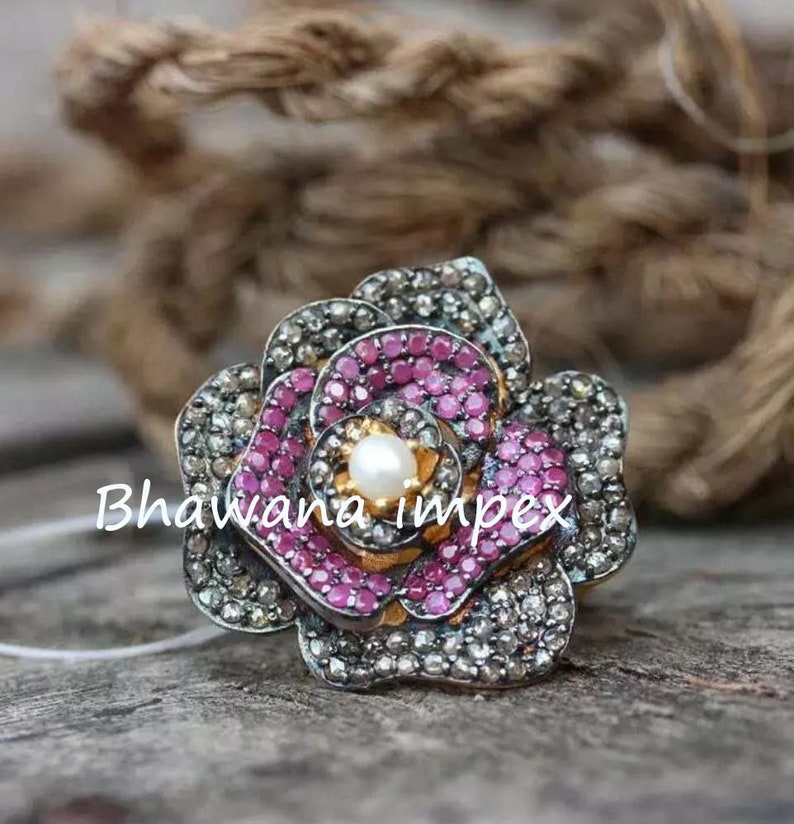 Ruby Ring Diamond Ring Natural Rose cut Pave Diamond Ruby Silver Victorian Ring Handmade Silver jewellery 925 Sterling Silver Ring jewellery