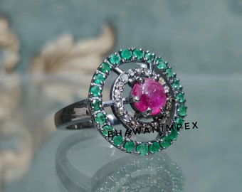Handmade Victorian Sterling Silver Emerald Ruby Ring