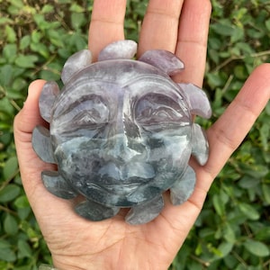 Rainbow Fluorite sun carving , Natural Fluorite beautiful handcarved sun, Crystal sun carving, Fluorite Sun face, Rare sun Crystal, Healing