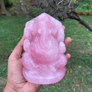 5.4&quot; Rose Quartz Ganesha carving,Gemstone Rose Quartz carving,Crystal figurine,Natural Rose Quartz figurine,Elephant god,Goodluck god statue