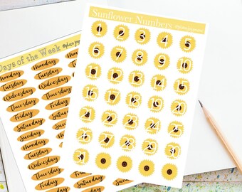 Numbers of the Month Sunflower , Kiss cut sticker sheet, bujo stickers, planner stickers, bullet journal stickers, weekdays number stickers