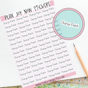 May include: Sheet of stickers with the text "Change Patch" repeated. The stickers are on a white background with a pink header that says "PLAN JOY NOW STICKERS". A pencil is in the bottom right corner. The website address is visible.