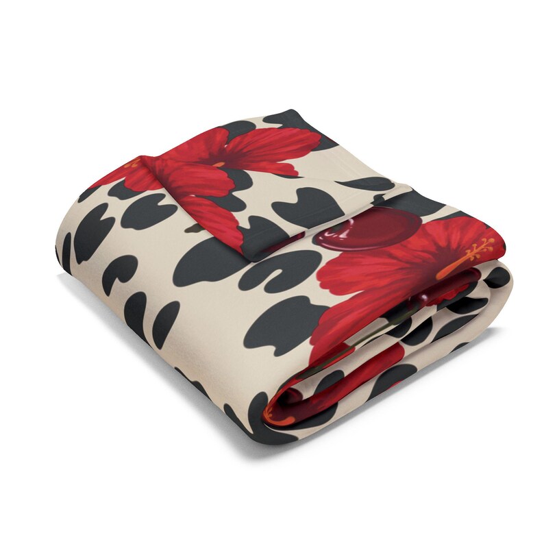 Couverture polaire imprimée à la main avec motif animalier cerisier-hibiscus | Jeté floral rétro (315 g/m²) image 3