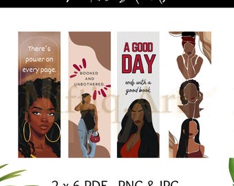 Op de afbeelding: Printbare bladwijzers met illustraties van zwarte vrouwen en inspirerende citaten. De bladwijzers bevatten zinnen als "There's power on every page" en "A good day ends with a good book". Het product is beschikbaar in PDF, PNG en JPG.