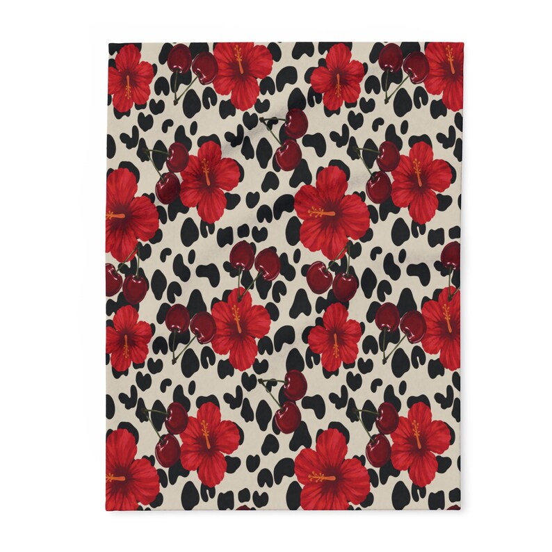 Couverture polaire imprimée à la main avec motif animalier cerisier-hibiscus | Jeté floral rétro (315 g/m²) image 2