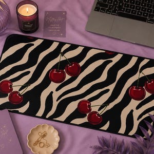 Cherry Zebra Print Desk Mat | Retro Y2K Gaming Pad | Hand Drawn Office Decor