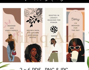 Op de afbeelding: Set van afdrukbare bladwijzers met illustraties van zwarte vrouwen en inspirerende citaten. De bladwijzers bevatten zinnen als "Booked and Unbothered" en "Brown Skin, Big Dreams and Good Books." De tekst "Printable Bookmarks" is ook opgenomen.
