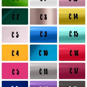 K&ouml;nnte beinhalten: Eine Sammlung von achtzehn rechteckigen Farbfeldern, jedes mit einer einzigartigen Volltonfarbe. Die Farben umfassen Gr&uuml;nt&ouml;ne, Wei&szlig;, Rosa, Gelb, Blau und Lila, mit dem Buchstaben "C" und einer Nummer auf jedem Farbfeld.