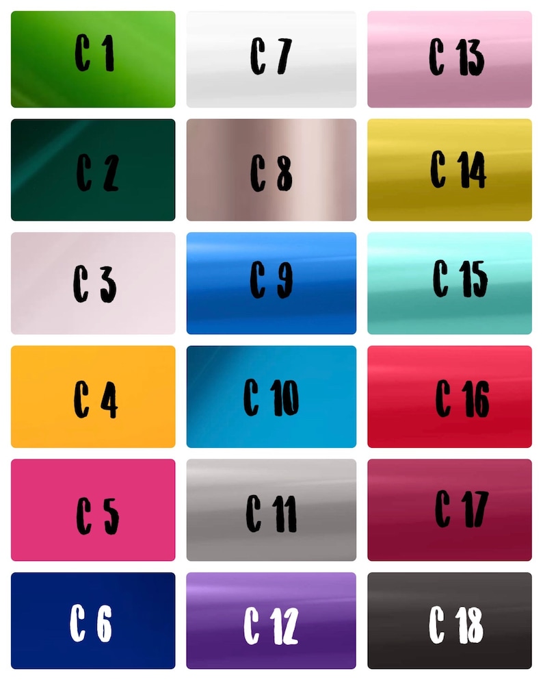 K&ouml;nnte beinhalten: Eine Sammlung von achtzehn rechteckigen Farbfeldern, jedes mit einer einzigartigen Volltonfarbe. Die Farben umfassen Gr&uuml;nt&ouml;ne, Wei&szlig;, Rosa, Gelb, Blau und Lila, mit dem Buchstaben "C" und einer Nummer auf jedem Farbfeld.