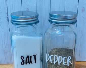 Salt and pepper shakers, Kitchen decor, Custom salt and pepper shakers, House warming gift, Glass, Glass salt and pepper shakers