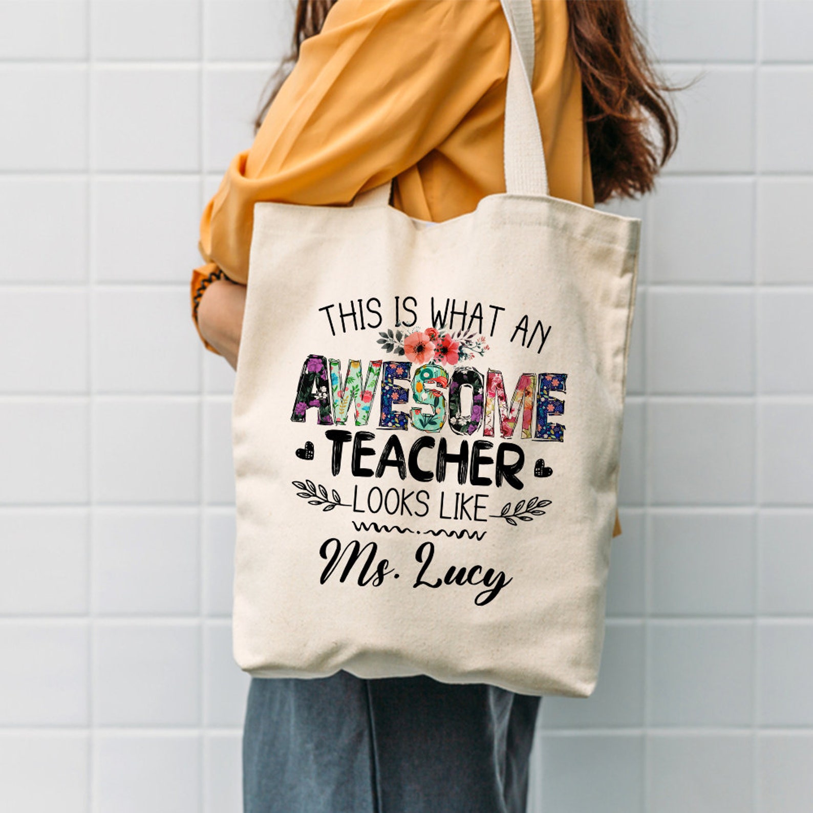 Awesome Teacher Tote Bag Personalized Teacher Name Bag Etsy