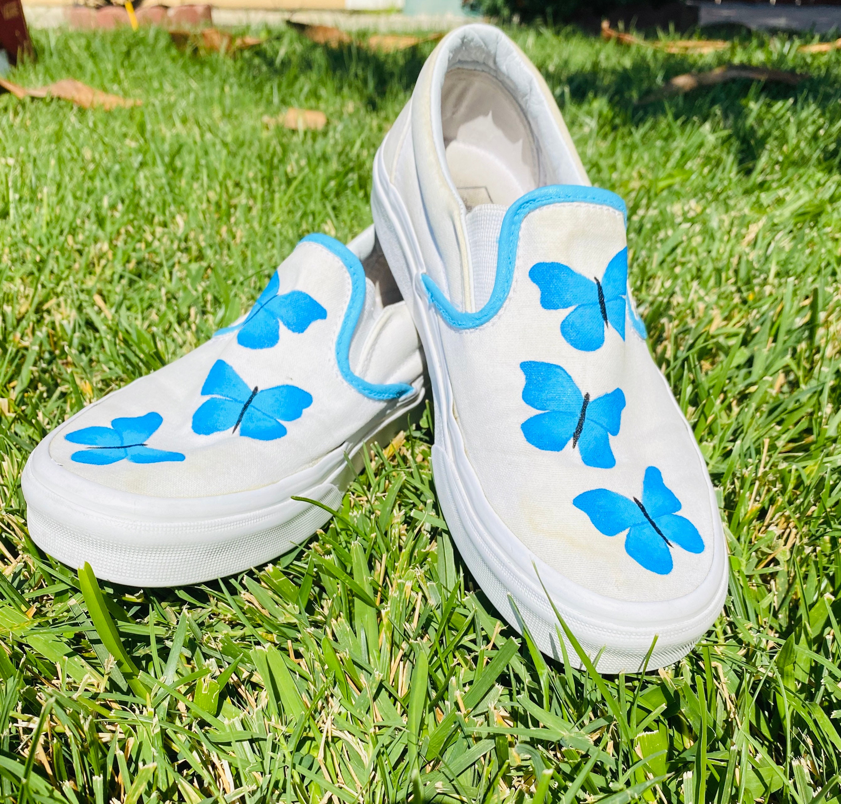 Butterfly Hand Painted Custom Vans/ Blue Butterfly/ Slipon Etsy